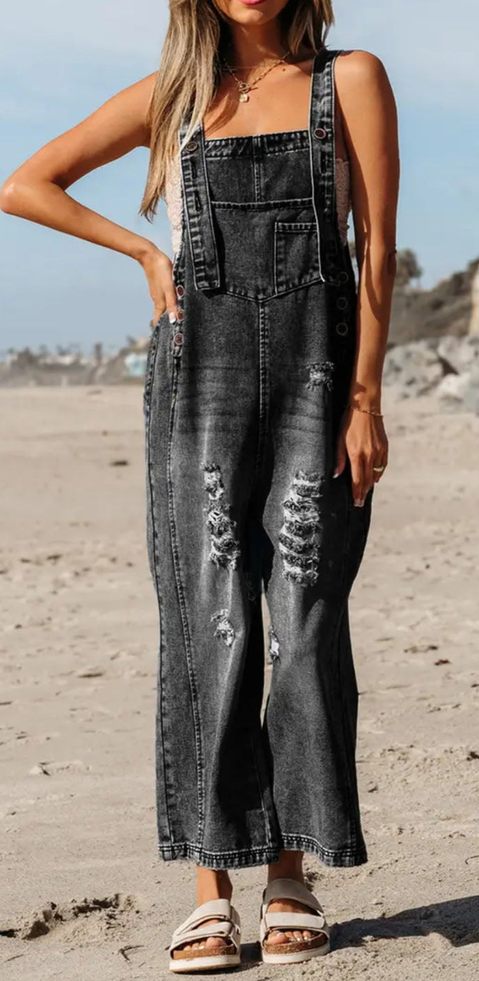 Distressed Denim Black Overalls