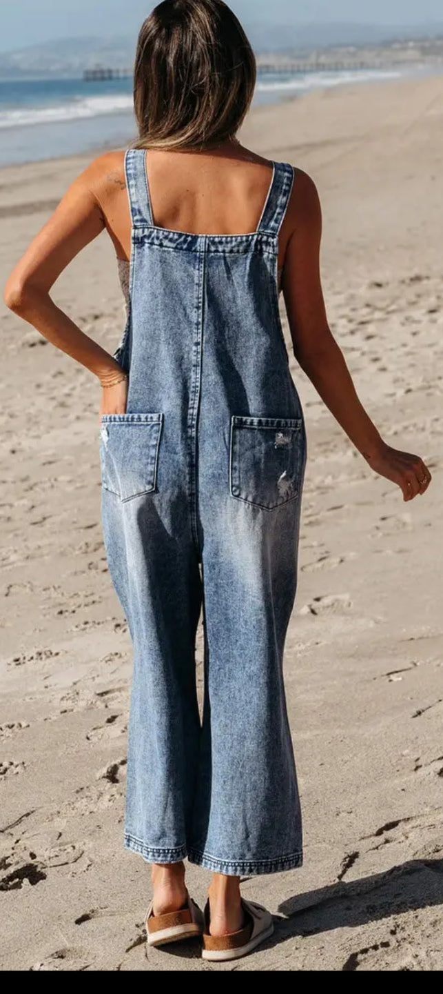 Distressed Denim Blue Overalls