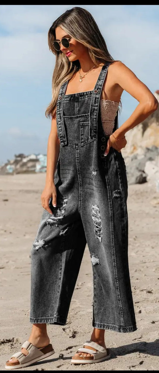 Distressed Denim Black Overalls
