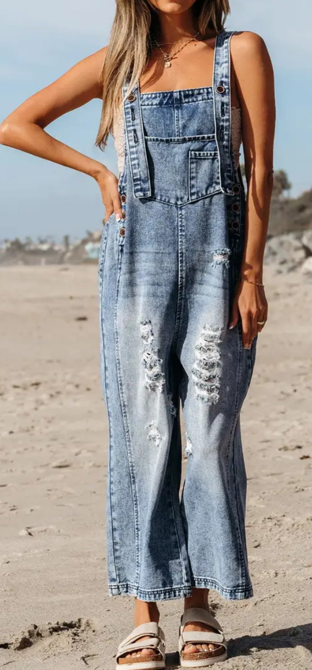Distressed Denim Blue Overalls