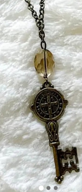 Bronze Saint Benito Key Swarovski Necklace by Petals Jewelry